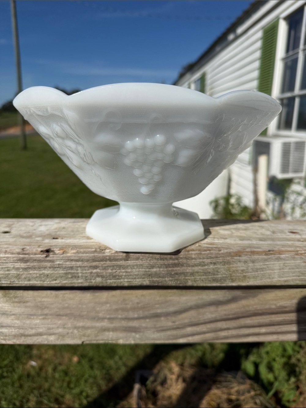 White Milk Glass Grape Pattern Compote Bowl